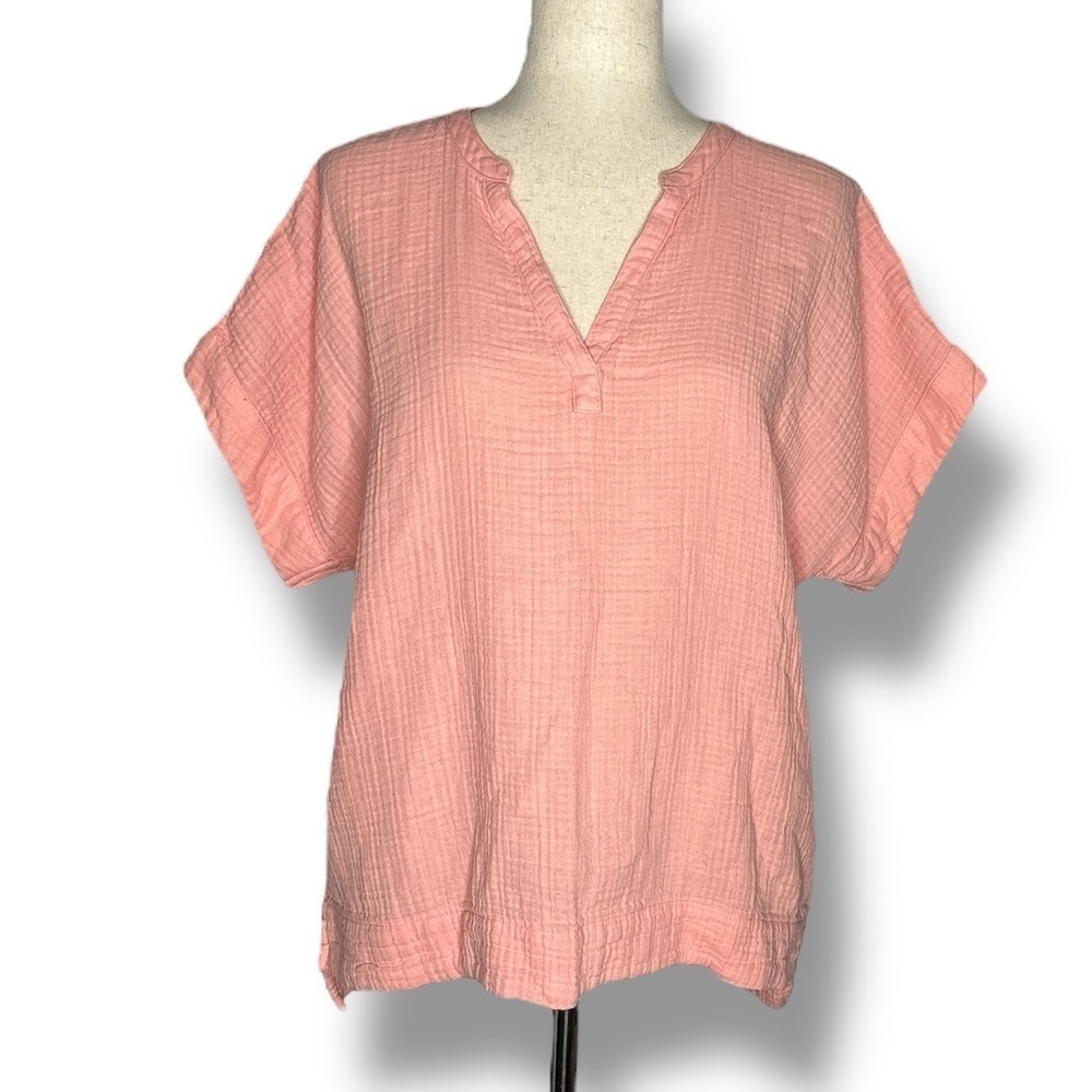 LL Bean Pink Crepe Cotton Split Neck Short Sleeve Top Size Large